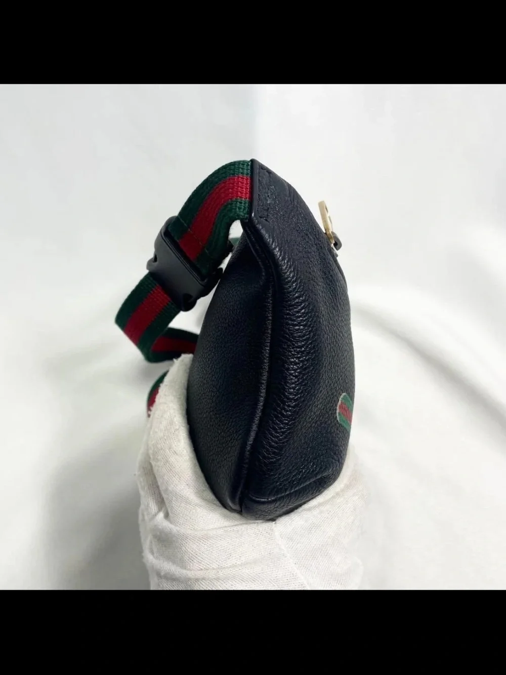 Gucci Black Leather Belt Bag with Green-Red Web Stripe